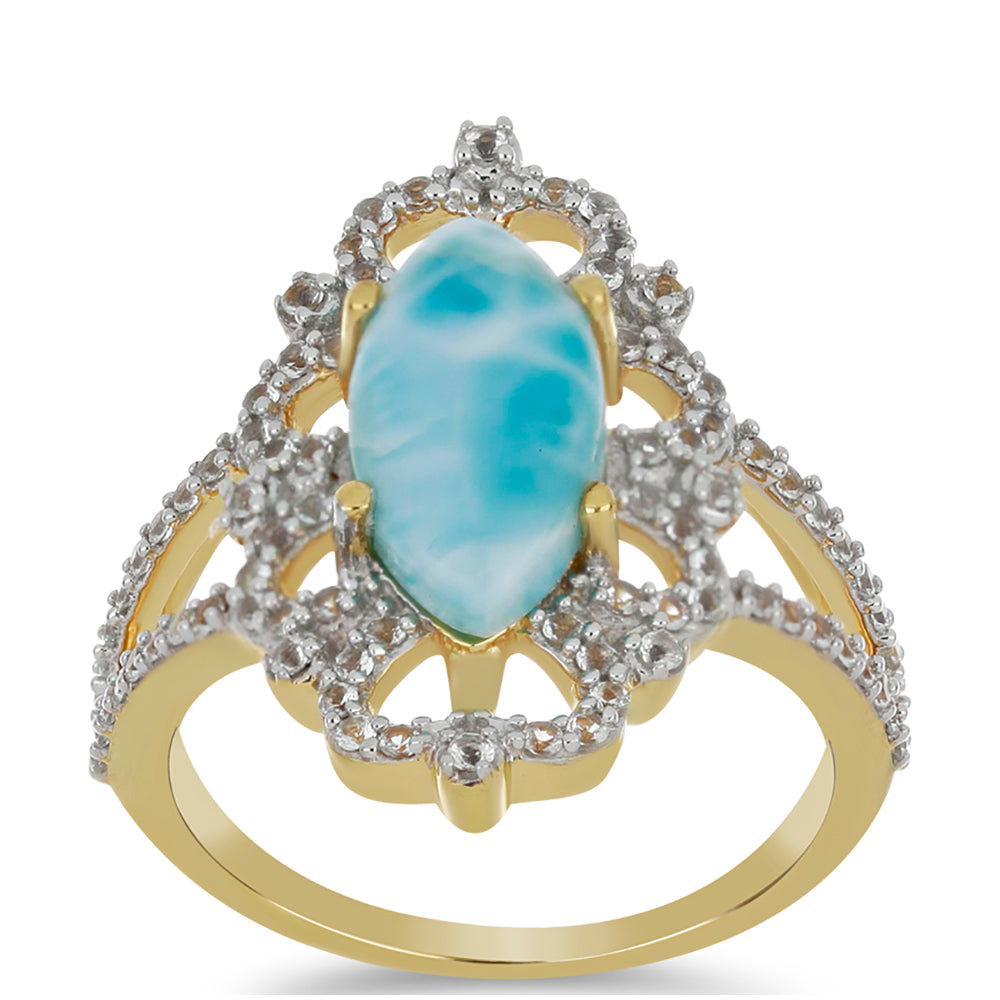 Goldplattierter Silberring mit Larimar und weißem Topas