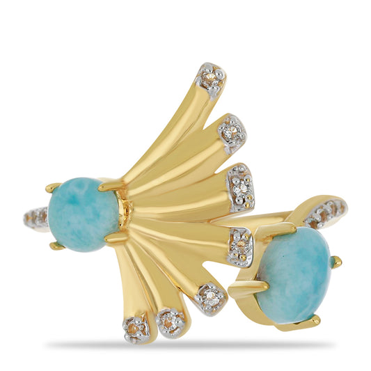Goldplattierter Silberring mit Larimar und weißem Topas