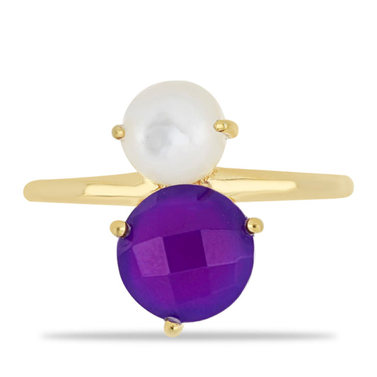 Goldplattierter Silberring mit lila Achat und weißer Süßwasserperle