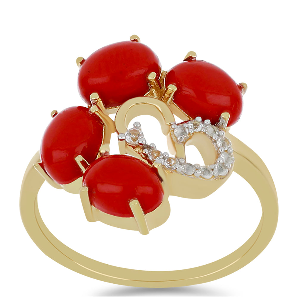 Goldplattierter Silberring mit roter Schwammkoralle und weißem Topas 3 