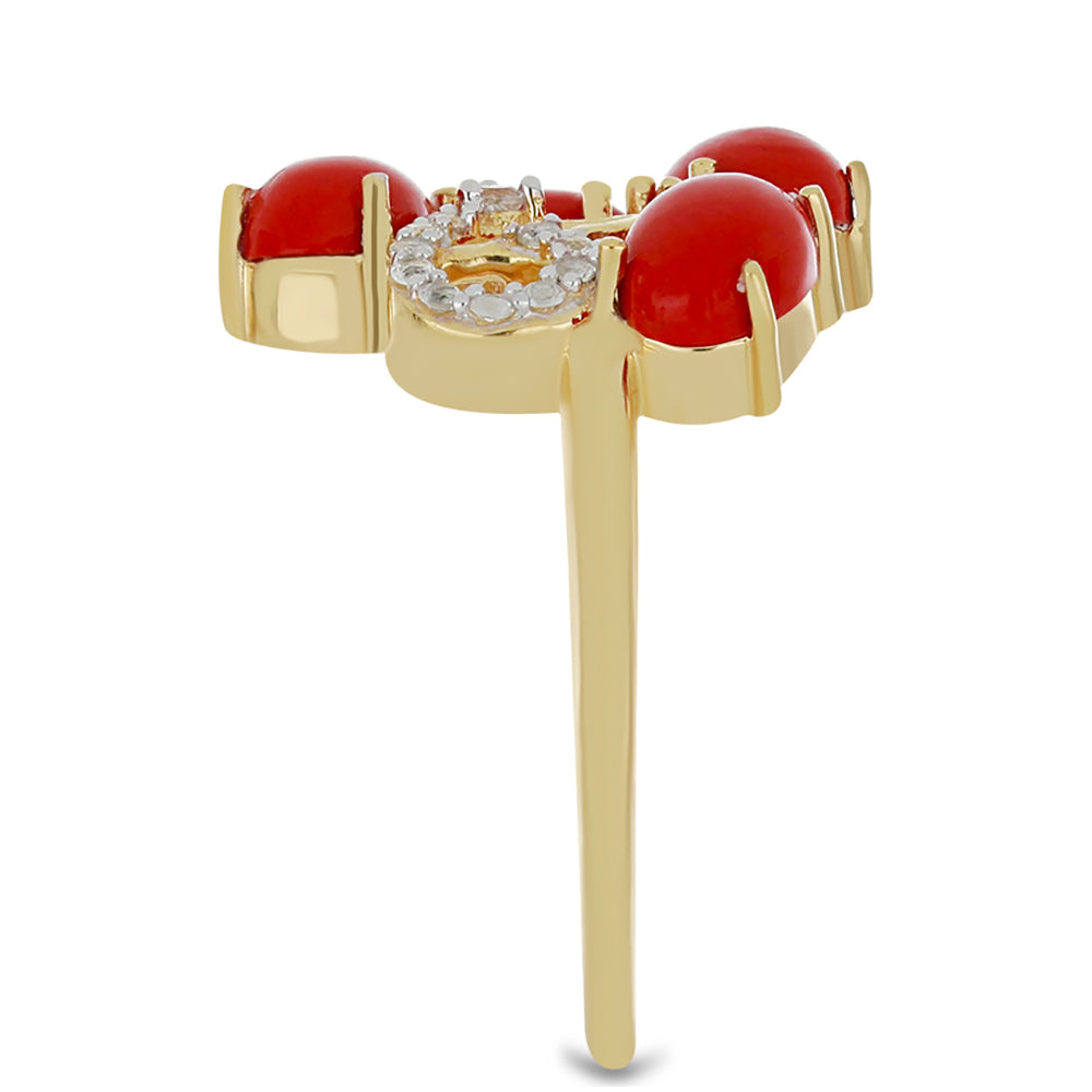 Goldplattierter Silberring mit roter Schwammkoralle und weißem Topas