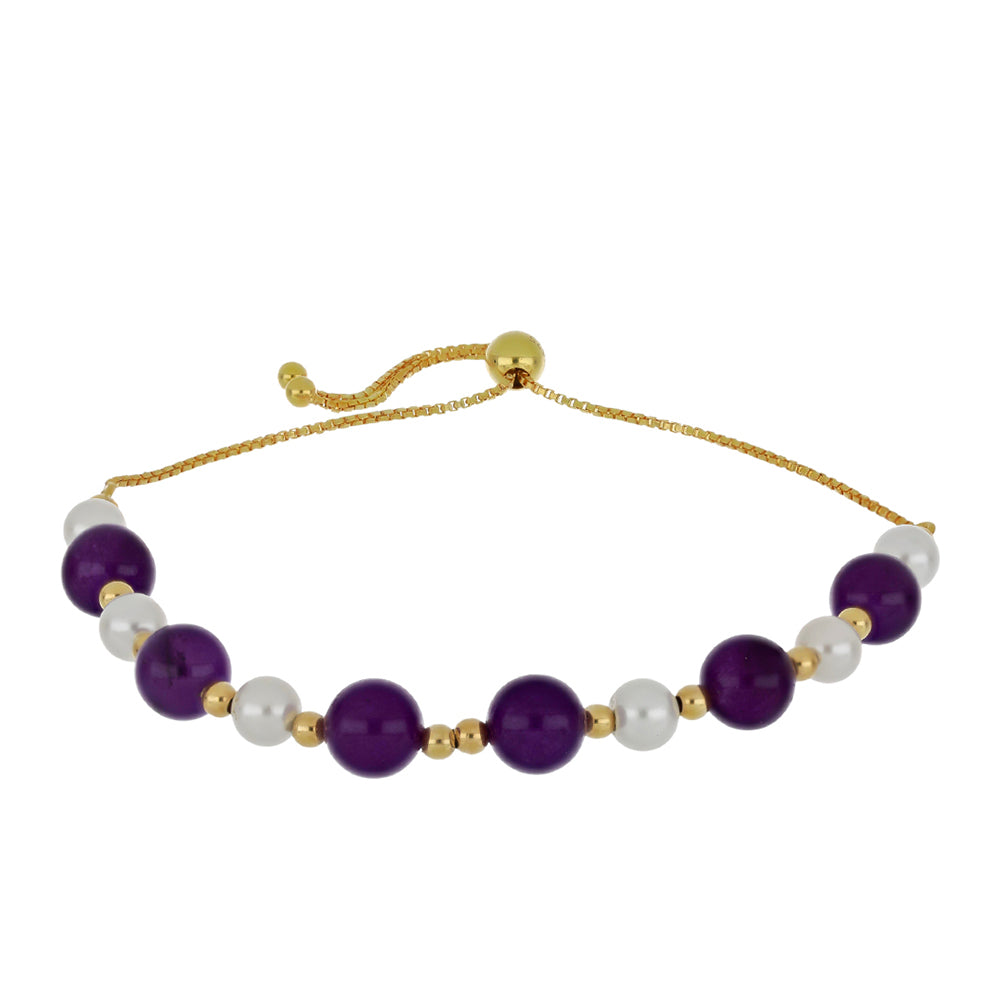 Goldplattiertes Silberarmband mit lila Achat und weißer Süßwasserperle 1 